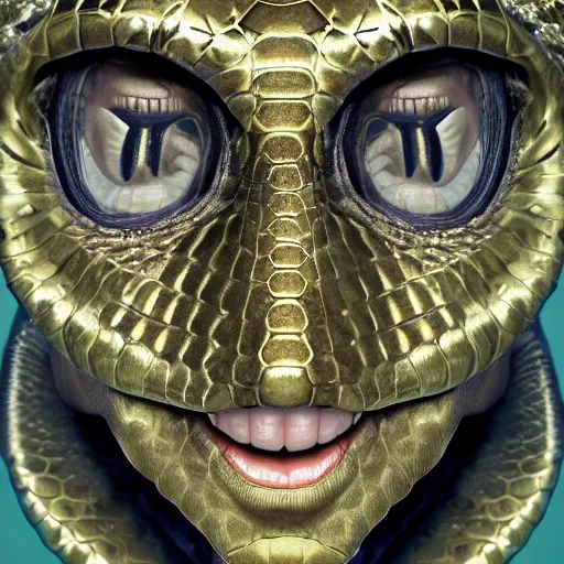 Prompt: A portrait of Liz Truss as a reptilian, snake eyes, slit pupils, metallic scales, Liz Truss, human-animal hybrid, hyperrealistic, trending on artstation