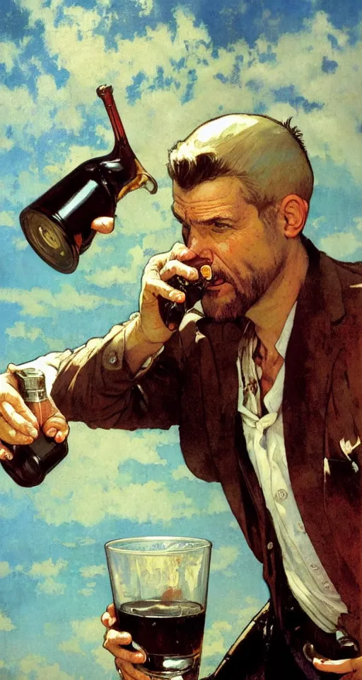 Image similar to close up of max payne pouring a drink, sun shining, photo realistic illustration by greg rutkowski, thomas kindkade, alphonse mucha, loish, norman rockwell.