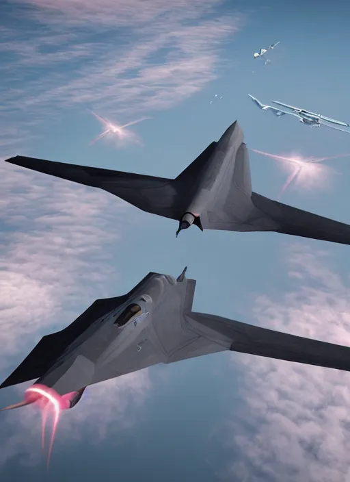 Prompt: hyperrealism, detailed textures, photorealistic 3 d, pilots view of squad flying futuristic stealth fighter jets, flying ultra low over an endless plain of flamingos, ultra realistic, cinematic, intricate, cinematic light, concept art, illustration, artstation, unreal engine 8 k