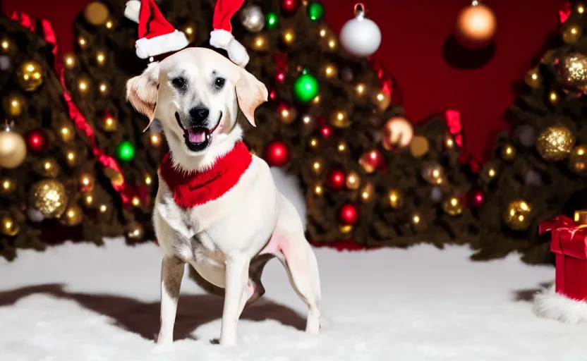 Image similar to studio photography of a dog wearing a christmas outfit, detailed face, cinematic lighting, 8 k