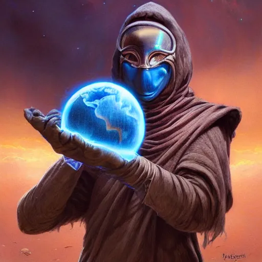 Image similar to masked nomad male wearing a cloak on an alien world and holding a holographic planet projection in his hand, detailed, sci - fi, digital painting, artstation, sharp focus, illustration, ominous, artgerm, tomasz alen kopera, peter mohrbacher, donato giancola, joseph christian leyendecker, wlop, frank frazetta