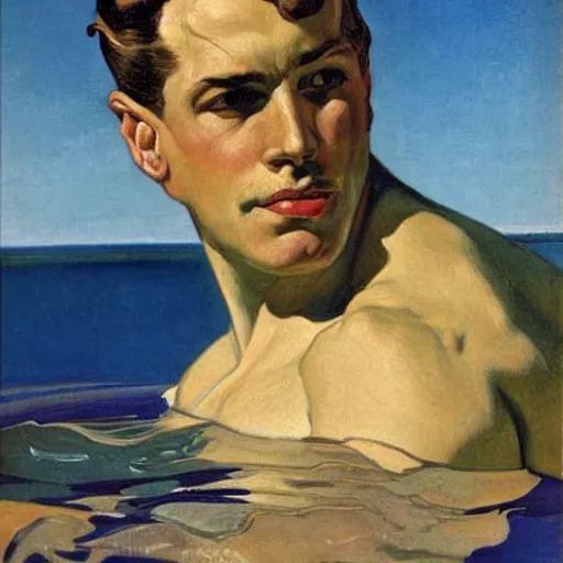 Prompt: portrait of a man swimming in a pool in california, by j. c. leyendecker, tamara de lempicka