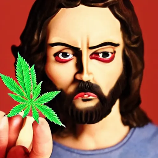 Prompt: jesus holding a bag of weed, happy, red eyes