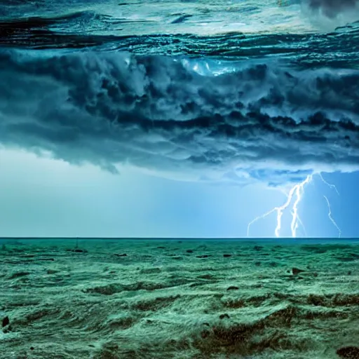 Prompt: a thunderstorm seen from beneath the waves