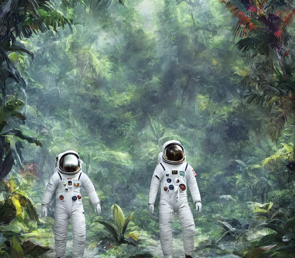 Image similar to modern scifi astronaut dressed in white suit is walking on the ground of a colorful tropical forest, dinosaurs in forest, style by blizzard concept artists