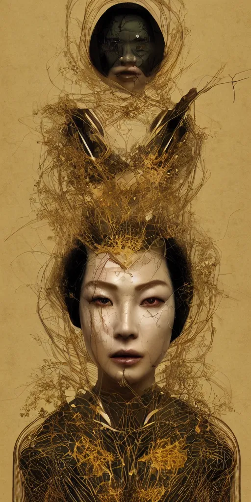 Prompt: portrait of a futuristic geisha, kintsugi, fractal, intricate, elegant, highly detailed, digital photography, subsurface scattering, by jheronimus bosch and greg rutkowski,