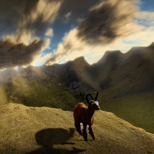 Prompt: half man half goat on a flying horse, clouds, mountains, epic, geek gods, volumetric lighting