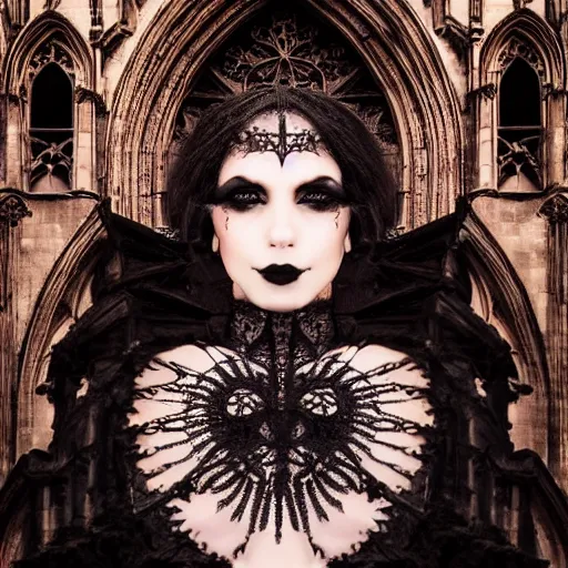 Prompt: gothic girl dressed in black, perfect face, macro head shot, behind her a gothic cathedral, perfect photo, no decaying lines, the windows of the cathedral are reflecting red flame lights, delicate mandala intricate ornaments