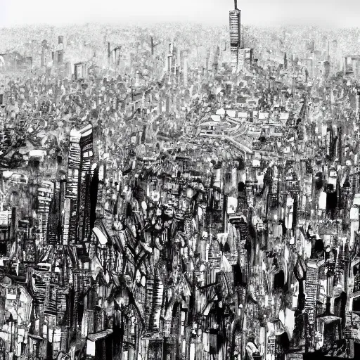 Image similar to tokyo city taken from drone by ashley wood and j. m. w. turner, speed painting, photo bash, cinematic angle, super detailing, monochrome