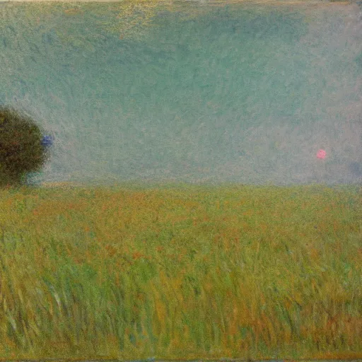 Image similar to a large gelatinous blob monster roaming threw a field, landscape, in the style of monet