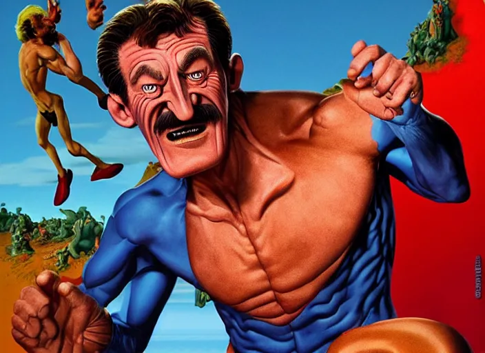 Image similar to barry chuckle demigod, universal reign, artwork by richard corben, 3 d, high resolution 8 k