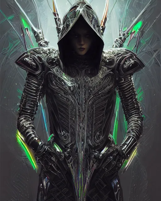 Prompt: the omnipotent assassin, vivid award winning digital artwork, intricate black sharp iridescent hooded semi - cybernetic armour, beautiful iridescent technology and weapon, long spikes, glowing face, detailed realistic, specular colors, ornate colored gems, character art by greg rutkowski and artgerm