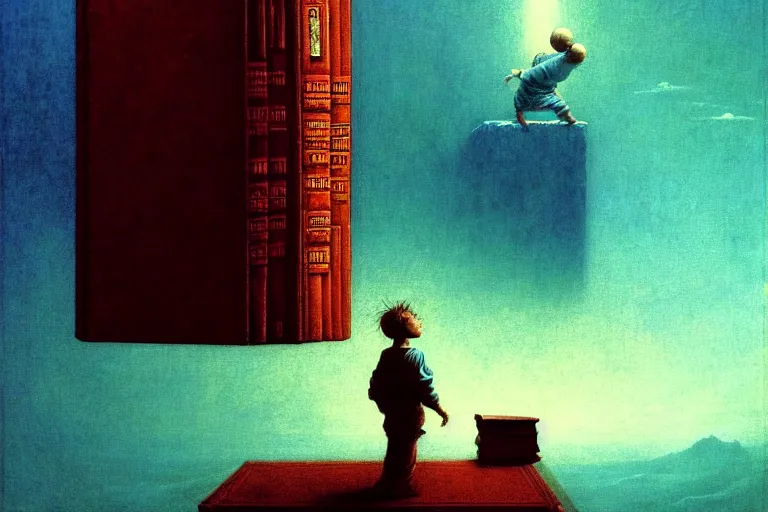 Prompt: boy standing on the opened book and looking at other books floating in the air, in the style of beksinski, intricate and epic composition, sky blue by caravaggio, insanely quality, highly detailed, masterpiece, milk white light, artstation, 4 k