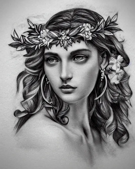 Image similar to realism tattoo sketch of a beautiful greek goddess aphrodite wearing a laurel wreath and arrowhead earrings, beautiful confident eyes, beautiful flowing hair, hyper realistic face, in the style of artgerm, fantasy, amazing detail, epic, elegant, smooth, sharp focus, from the front, long shot