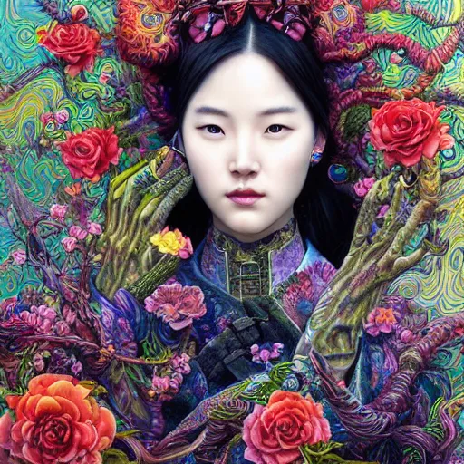 Image similar to portrait of liu yifei, hyper detailed masterpiece, neon floral pattern, jean giraud, digital art painting, darkwave goth aesthetic, psychedelic, artgerm, donato giancola and tom bagshaw