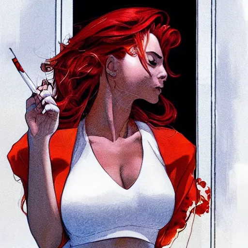 Image similar to a beautiful artwork portrait of a woman with a white shirt and red hair smoking a cigarette on a hotel balcony by Jerome Opeña, featured on artstation