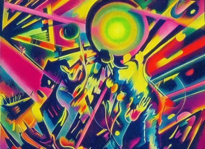 Image similar to scratching disco 1 9 8 0 • s very energetic people, neon splashes, kandinsky, olga sacharoff, ambient fog, cinematic lightning, soft women aura,