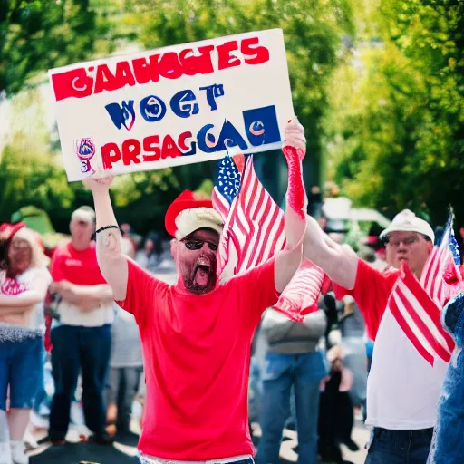 Image similar to maga supporters worshipping a sausage, canon eos r 3, f / 1. 4, iso 2 0 0, 1 / 1 6 0 s, 8 k, raw, unedited, symmetrical balance, full shot