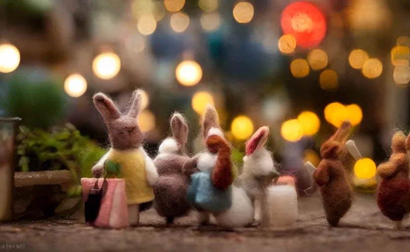 Image similar to miniature cafe diorama macro photography, cafe with felted bunnies, alleyway, ambient, atmospheric, british, cozy, bokeh, romantic, colorful lanterns