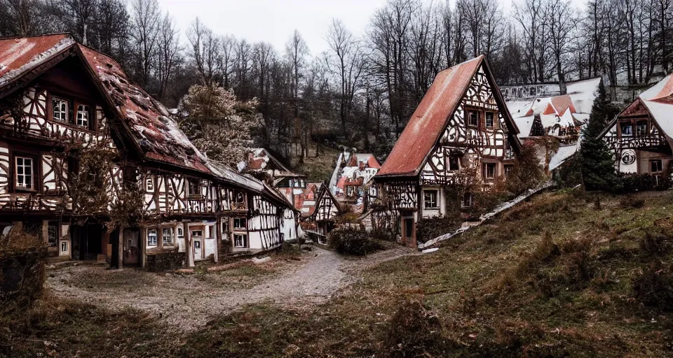 Image similar to an eerie abandoned village in the black forest decorated with christmas lights