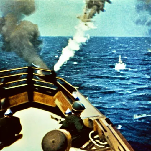 Prompt: first person view from the deck of a batteship firing a broadside, kamikaze planes diving, world war ii, high resolution colour photo