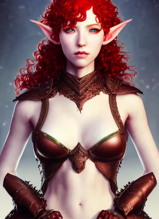 Image similar to leather armor!!! beautiful and elegant curly red hair female elf!! gorgeous ayes!! character concept art, sharp focus, octane render! unreal engine 5! highly rendered!! trending on artstation!! detailed linework!! illustration by artgerm, wlop, and chie yoshii