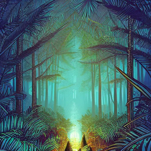 Image similar to a path through the jungle illuminated with torches, by dan mumford, artstation