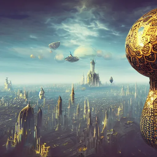 Image similar to enormous flying city in a faberge egg, sky, steampunk, fantasy art, masterpiece, unreal engine