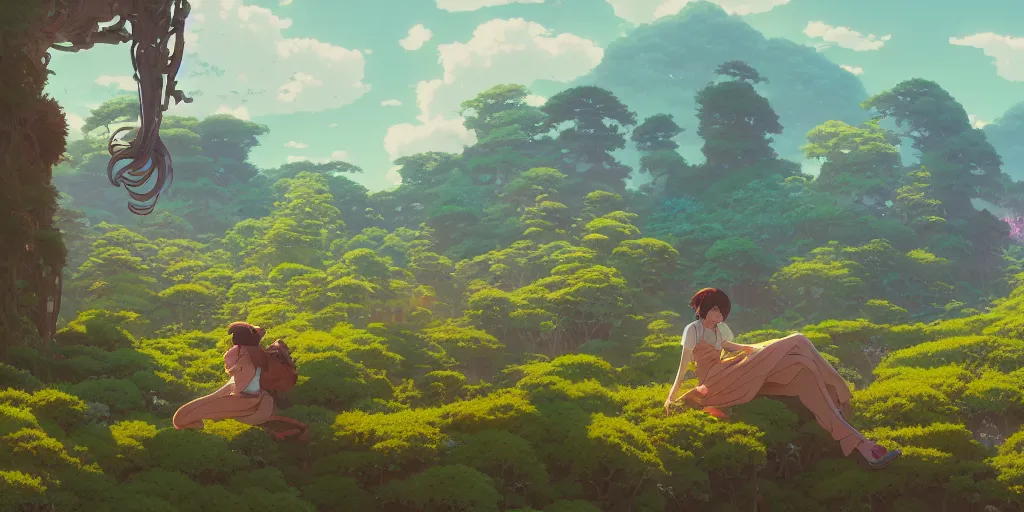 Image similar to highly detailed vfx panoramic landscape of studio ghibli, stephen bliss, unreal engine, greg rutkowski, loish, rhads, beeple, makoto shinkai and lois van baarle, ilya kuvshinov, rossdraws, tom bagshaw, alphonse mucha, global illumination, detailed and intricate environment