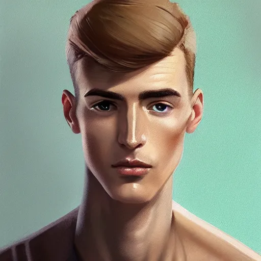 Image similar to tall man in his twenties with brown blond short quiff hair and thin slightly round facial structure with cleft chin, straight eyebrows and prominent nose, good definition of cheekbones, big hazel nut brown eyes, narrow face, slim body, atmospheric lighting, painted, intricate, 4 k, highly detailed by charlie bowater