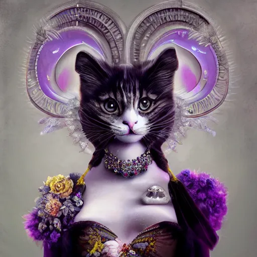 Prompt: picture generation, soft painting curiosities carnival, beautiful female anthropomorphic cat head in full long dress, accurate features, focus, very intricate ultrafine details, black white purple volumetric clouds, award winning masterpiece, octane render 8 k hd, tom bagshaw artstyle