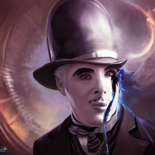 Image similar to portrait of charlie chaplin as a spellcaster, league of legends amazing splashscreen artwork, splash art, natural light, elegant, photorealistic facial features, intricate, fantasy, detailed face, atmospheric lighting, anamorphic lens flare, cinematic lighting, league of legends splash art, hd wallpaper, ultra high details by greg rutkowski