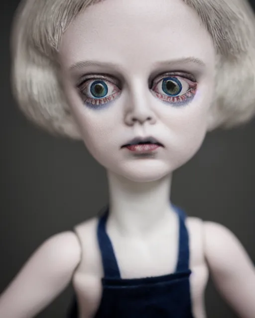 Image similar to high quality presentation photo of Steve Buscemi porcelain doll in the style of mark ryden photography 4k, f1.8 anamorphic, bokeh, 4k, Canon, Nikon