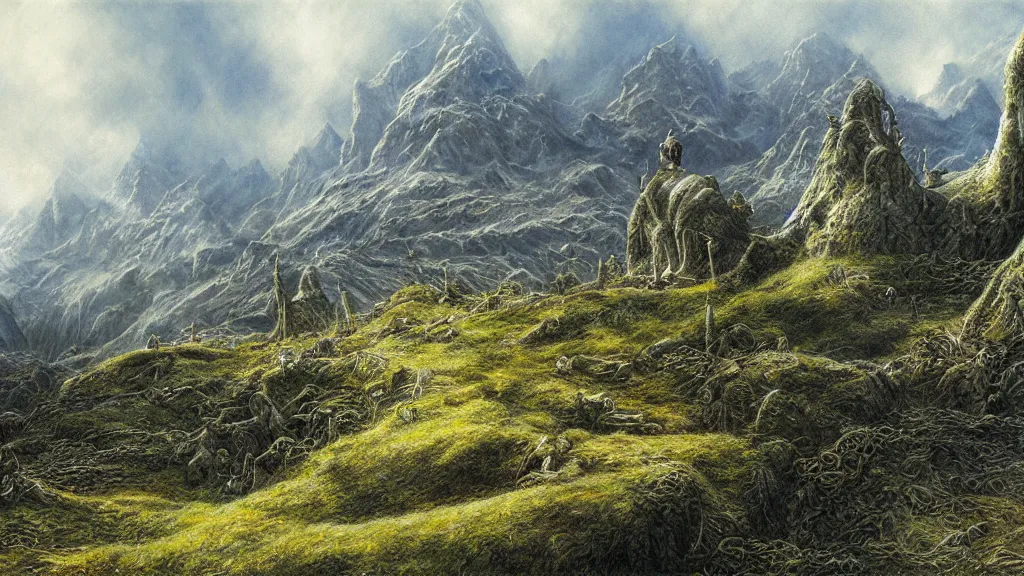Image similar to lord of the rings scenery, by alan lee, intricate, lord of the rings calendar, smooth, detailed terrain, oil painting, high detail, trending artstation, concept art, matte painting