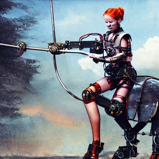 Image similar to A realistic picture of pippi longstocking in the 70’s as a cyborg robot sitting on a metal robot horse, hyper real, highly detailed