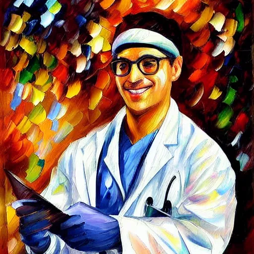 Prompt: painting of a surgeon doctor cat by Leonid Afremov, lab coat, stethoscope