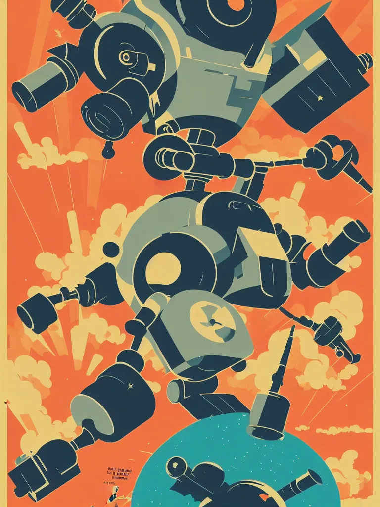 Prompt: tom whalen poster illustration of a large retro science fiction robot battle above city neighbourhood, vintage muted colors, some grungy markings