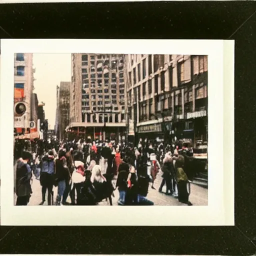 Prompt: wide - shot very low - angle, messy photo of people in the busy street, crossing road, polaroid photo, by andy warhol