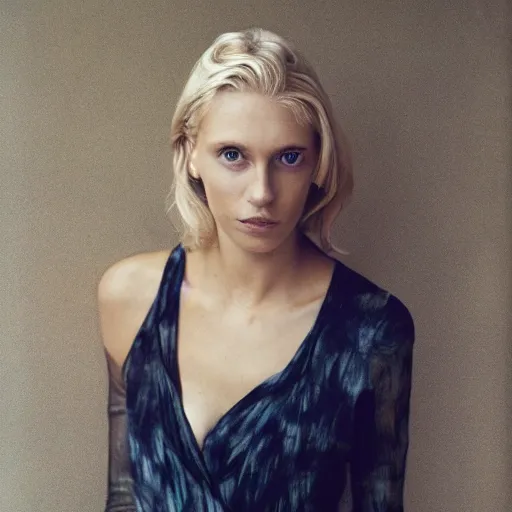 Image similar to photograph by annie leibovitz of olive skinned blonde female in her thirties wearing designer clothes