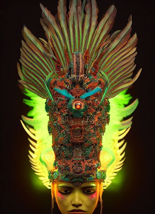 Prompt: 3 d mexican goddess medium shot portrait. beautiful intricate highly detailed quetzalcoatl helm and feathers. low - key lighting, bioluminescent, plasma, lava, ice, water, wind, creature, artwork by tooth wu and wlop and beeple and lee jeffries, 8 k trending on artstation,