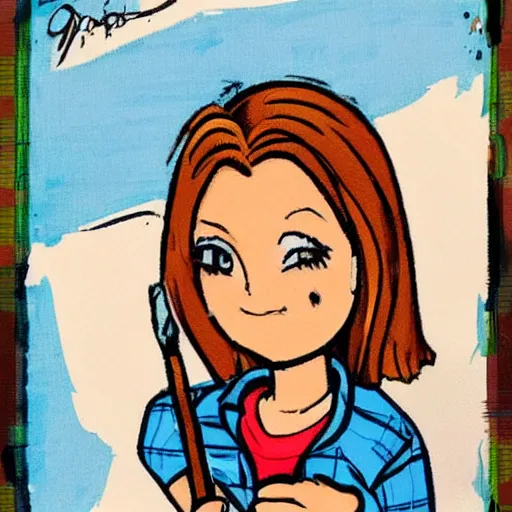 Image similar to cute girl wearing plaid and blue jean rolled up to her knees, she has her hand on a very large paint brush, modern cartoon trading card,