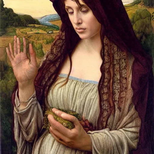 Prompt: a Pre-Raphaelite painting of Kim Kardashian as the Virgin Mary