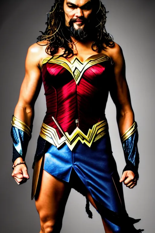 Prompt: Jereme Momoa dressed as Wonder Woman, high quality photo.