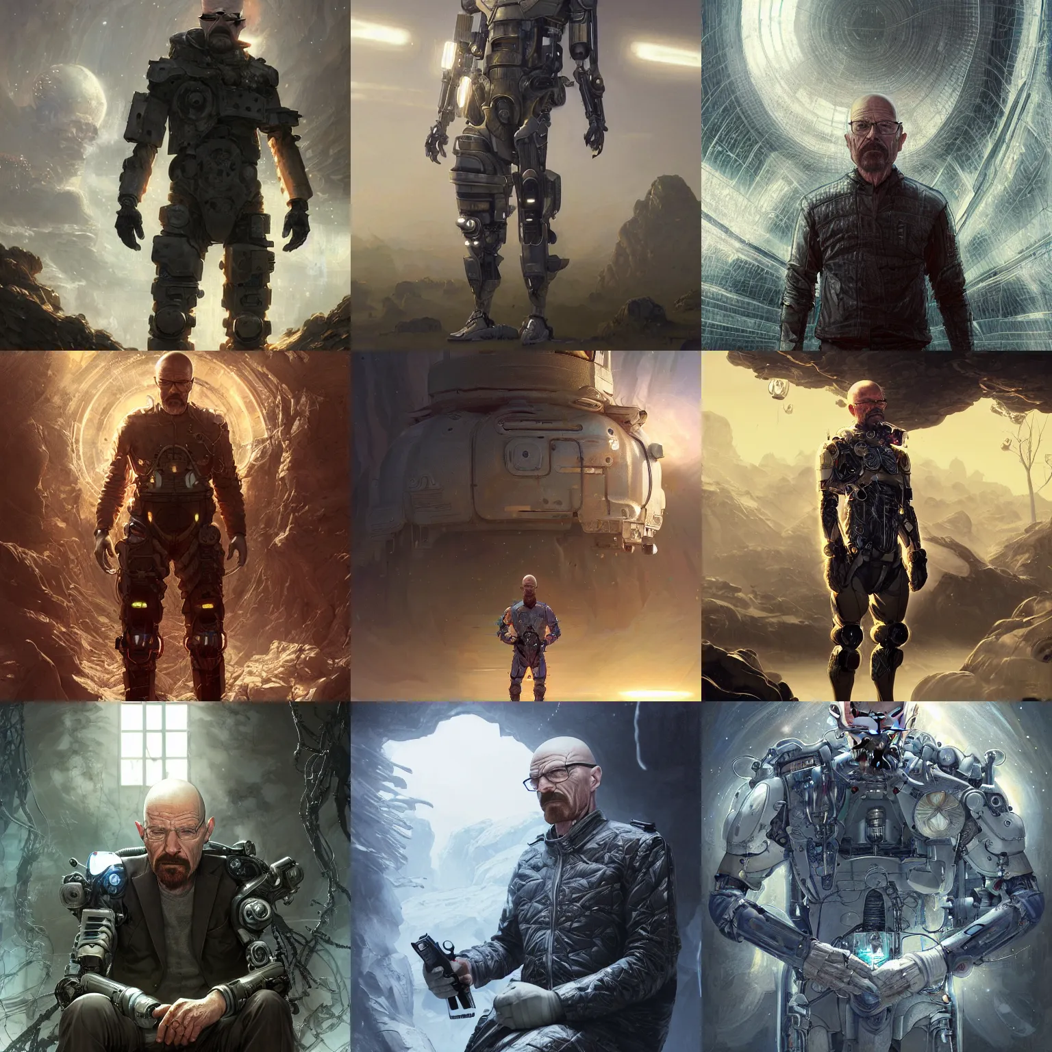 Prompt: a photograph of walter white in a cyborg suit, digital art, highly detailed, intricate environment, radiant light, by rossdraws, tom bagshaw, greg rutkowski, ferdinand knab