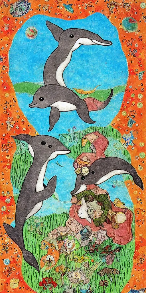 Image similar to tiny dolphin deer singing, children's book illustration, traditional folk art style, reliefed mixed media collage, outsider art, David Palladini, Hisako Aoki, tarot card, Henry Darger, Louis Wain