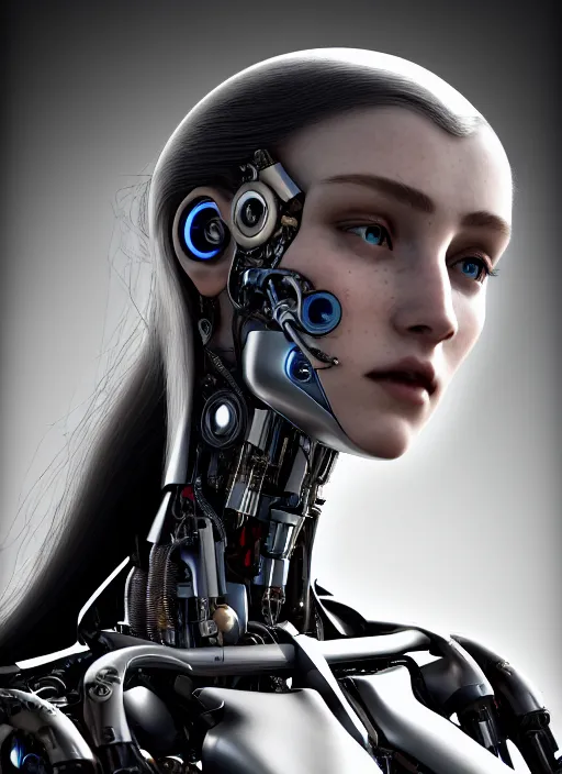 Image similar to a stunning young female cyborg profile face, by pre - raphaelite brotherhood, unreal engine, glamor shot, nikon d 7 5 0, closeup, f / 2. 8, low contrast, 1 6 k, rim lighting, optical fiber, cinematic lighting, insanely detailed and intricate, hypermaximalist, elegant, ornate, hyper realistic,