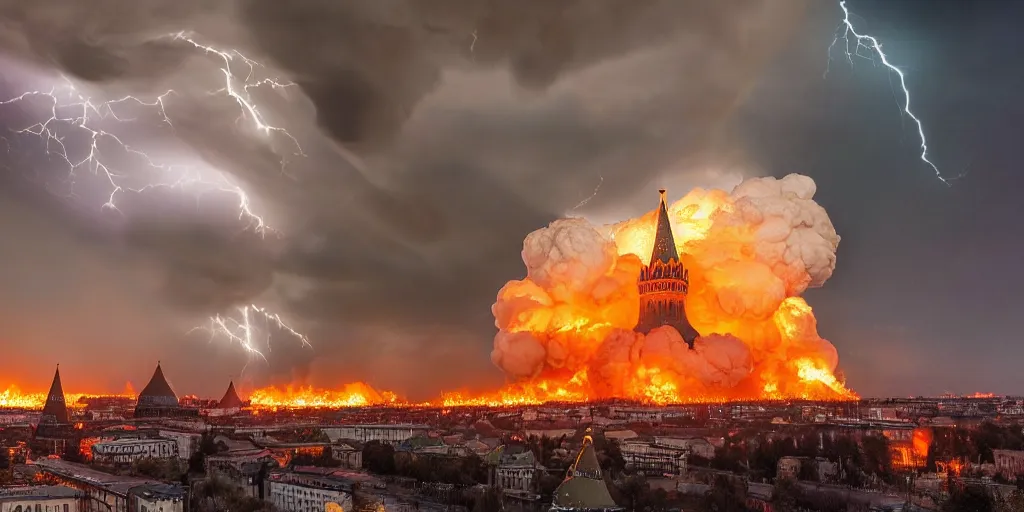 Prompt: a massive nuclear strike on Kremlin, nuclear mushroom, lots of fire, people are panicking, dark atmosphere, Kremlin towers are destroyed, cloudy weather, lightning, epic lighting, high detailed, 4k post-processing highly detailed, award winning photo