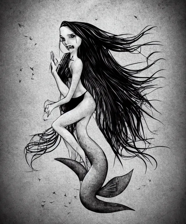 Prompt: black and white illustration, creative design, dark fantasy, beautiful mermaid, full body, swimming in ocean, fish tail bikini top flowing hair