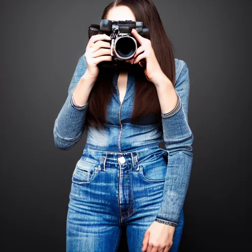 Image similar to a woman in black jacket and jeans holding a camera, a photo by Camille Souter, shutterstock, art photography, studio photography, stylish, black background