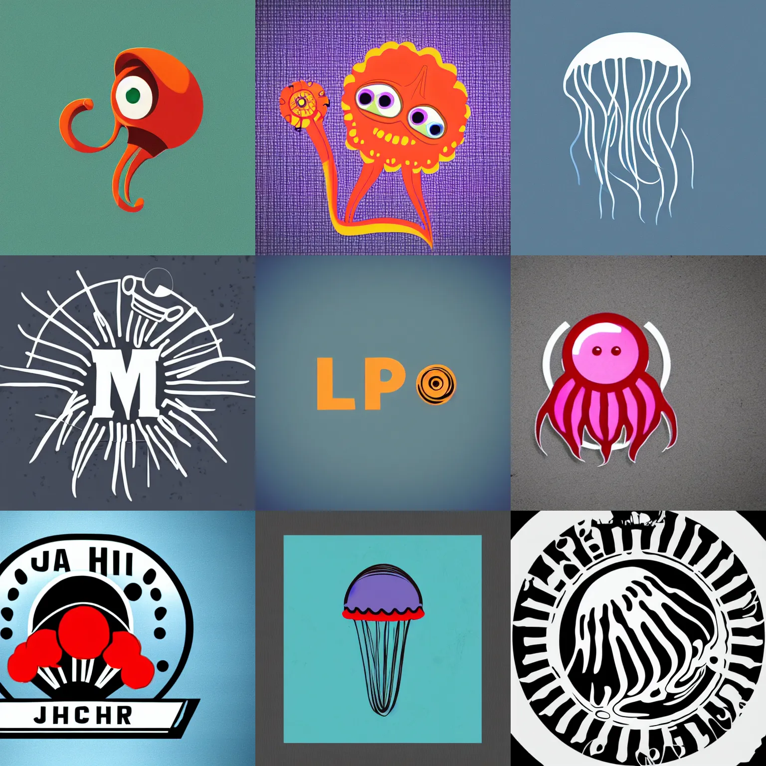 Prompt: pixar Jellyfish logo, atompunk, minimal, using capital M capital G letters